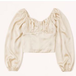 Abercrombie & Fitch Long Sleeve Satin Rushed Top | Cream | Medium